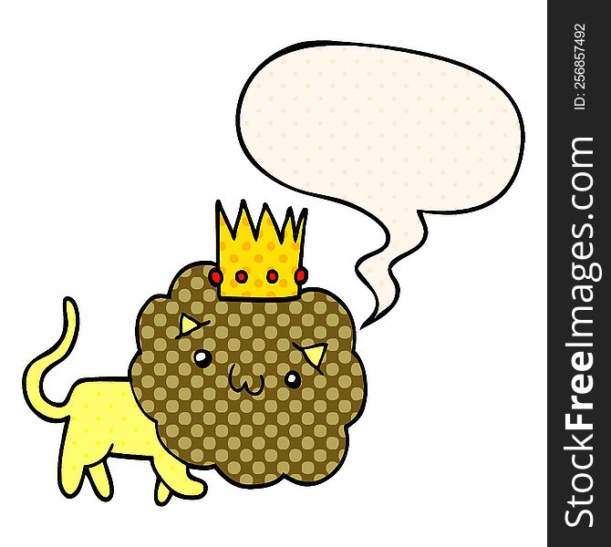 Cartoon Lion And Crown And Speech Bubble In Comic Book Style