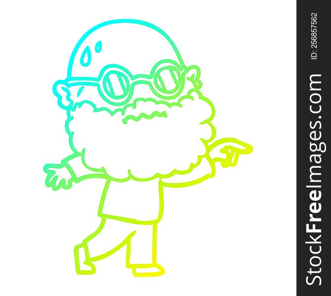 cold gradient line drawing cartoon worried man with beard and spectacles pointing finger