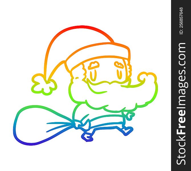 Rainbow Gradient Line Drawing Santa Claus Carrying Sack Of Presents