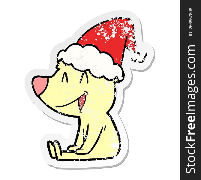 Sitting Bear Distressed Sticker Cartoon Of A Wearing Santa Hat