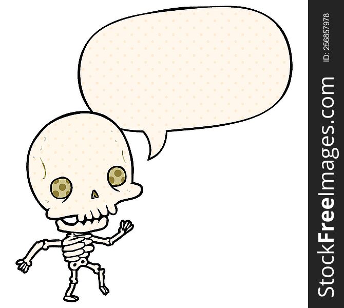 cute cartoon dancing skeleton with speech bubble in comic book style