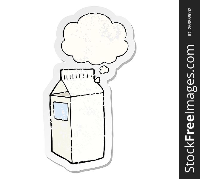 cartoon milk carton with thought bubble as a distressed worn sticker