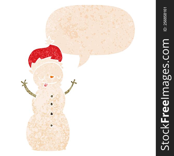 Cartoon Christmas Snowman And Speech Bubble In Retro Textured Style