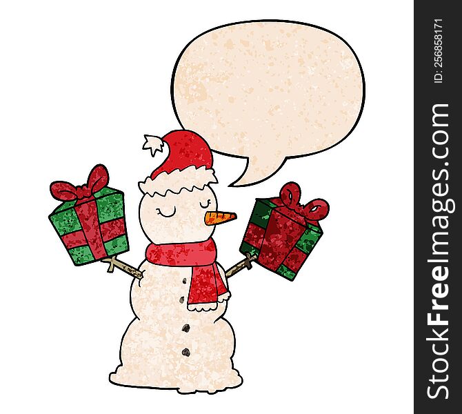 cartoon snowman with speech bubble in retro texture style