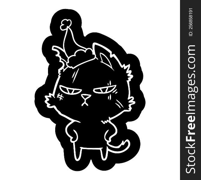 tough quirky cartoon icon of a cat wearing santa hat