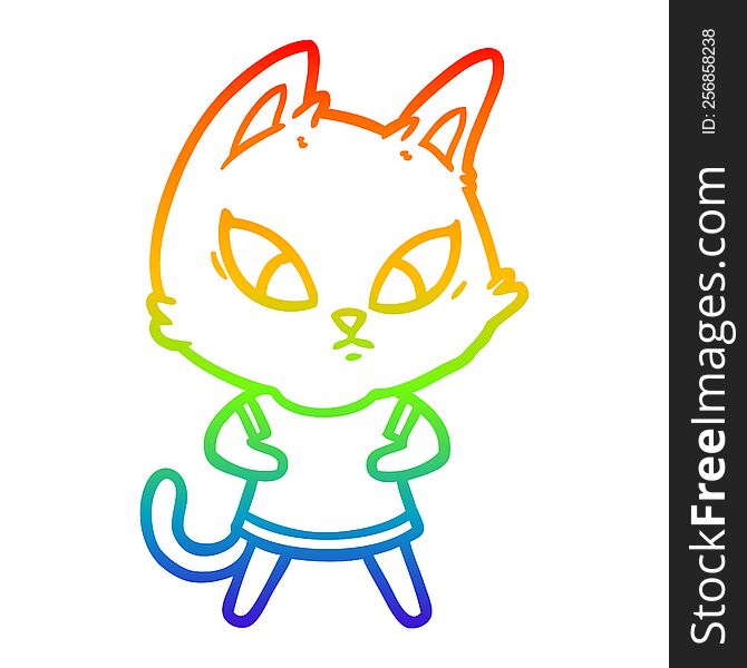 rainbow gradient line drawing of a confused cartoon cat in clothes