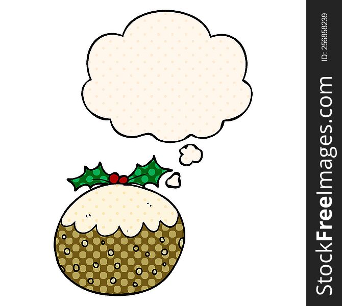 cartoon christmas pudding with thought bubble in comic book style