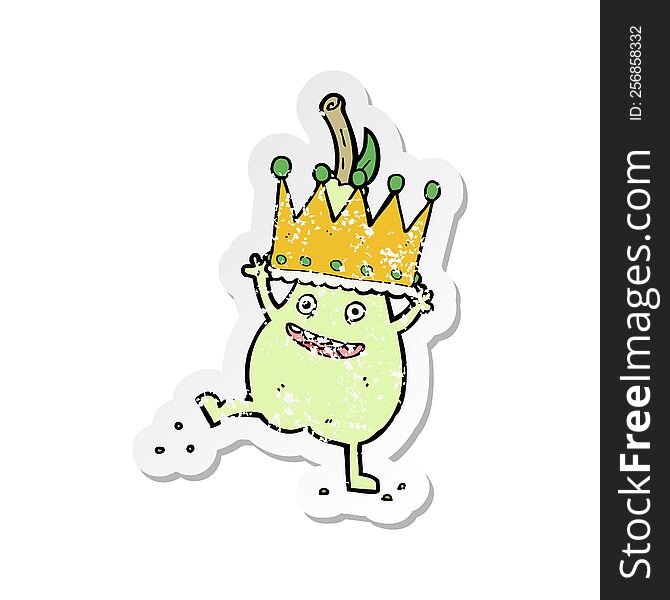 Retro Distressed Sticker Of A Caroon Pear Wearing Crown
