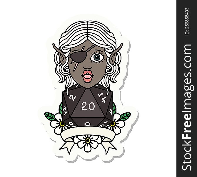 sticker of a elf rogue character with natural twenty dice roll. sticker of a elf rogue character with natural twenty dice roll