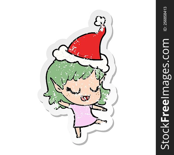 Happy Distressed Sticker Cartoon Of A Elf Girl Wearing Santa Hat