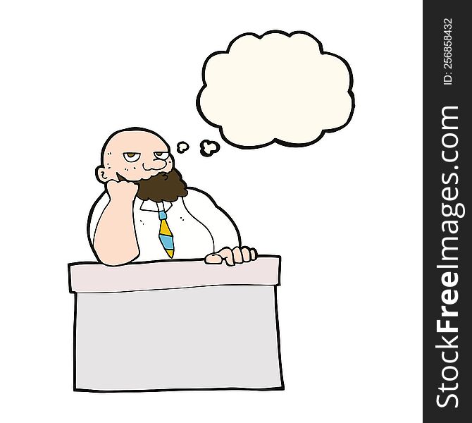 Cartoon Bored Man At Desk With Thought Bubble