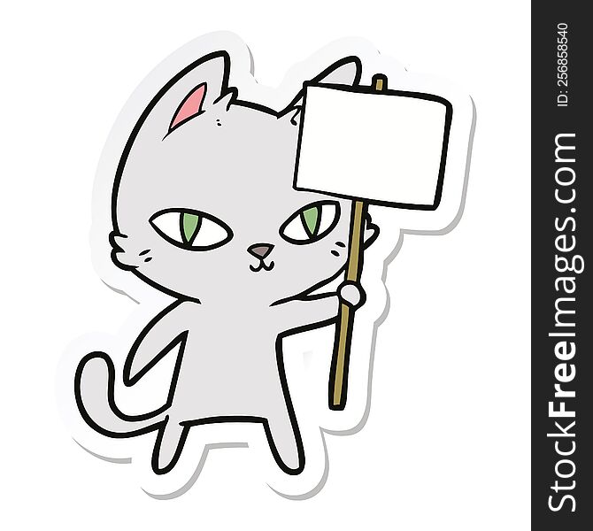 Sticker Of A Cartoon Cat Waving Sign