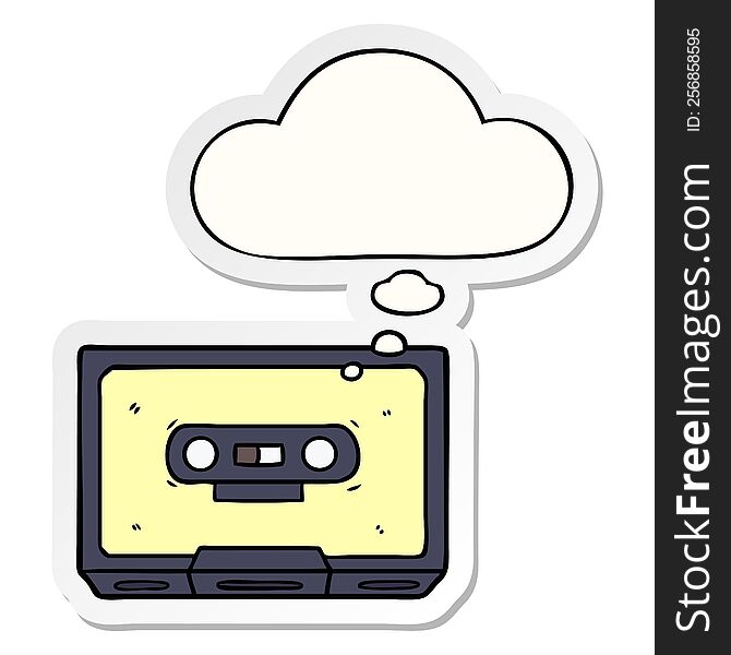 cartoon old cassette tape with thought bubble as a printed sticker