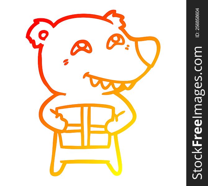 Warm Gradient Line Drawing Cartoon Bear With Present