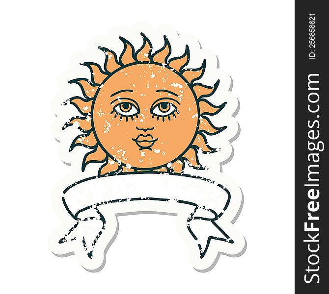 Grunge Sticker With Banner Of A Sun With Face