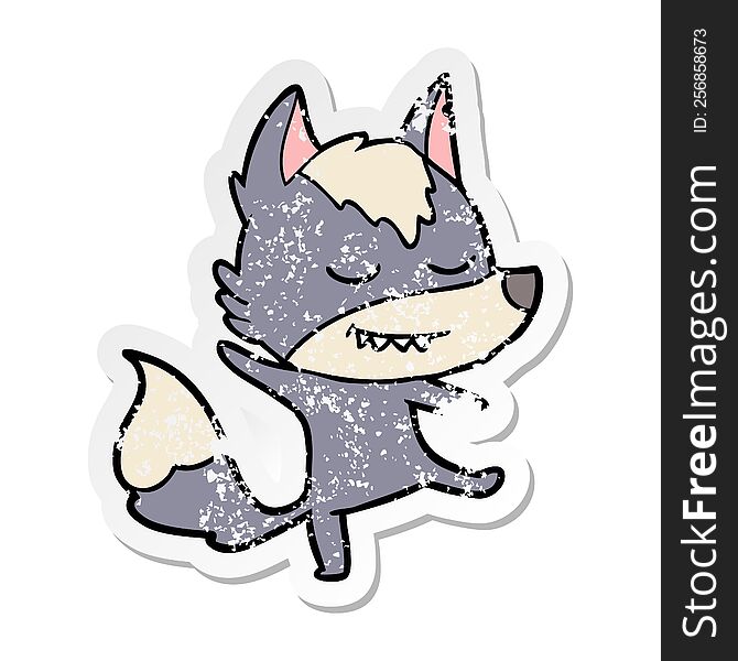 distressed sticker of a friendly cartoon wolf balancing