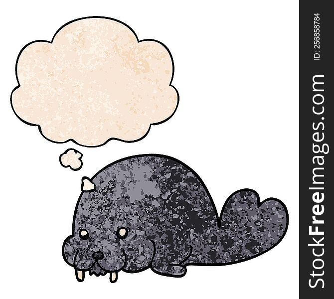 Cute Cartoon Walrus And Thought Bubble In Grunge Texture Pattern Style
