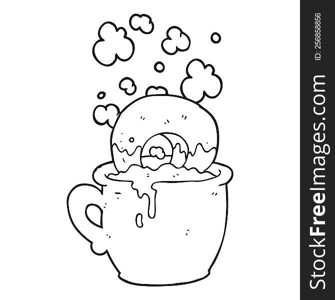 Black And White Cartoon Donut Dunked In Coffee
