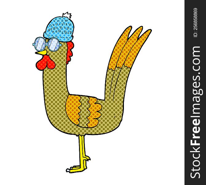 freehand drawn cartoon chicken wearing spectacles and hat. freehand drawn cartoon chicken wearing spectacles and hat