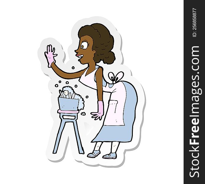 sticker of a cartoon housewife washing up