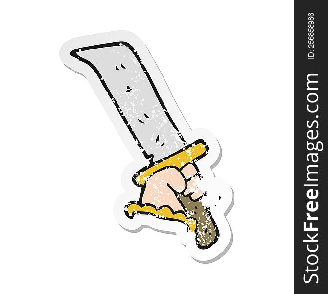 Retro Distressed Sticker Of A Cartoon Hand With Sword