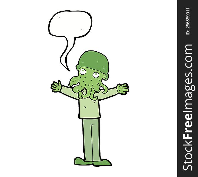 cartoon alien squid face man with speech bubble