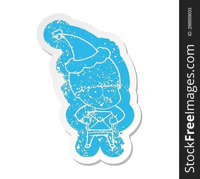 nervous quirky cartoon distressed sticker of a boy wearing santa hat