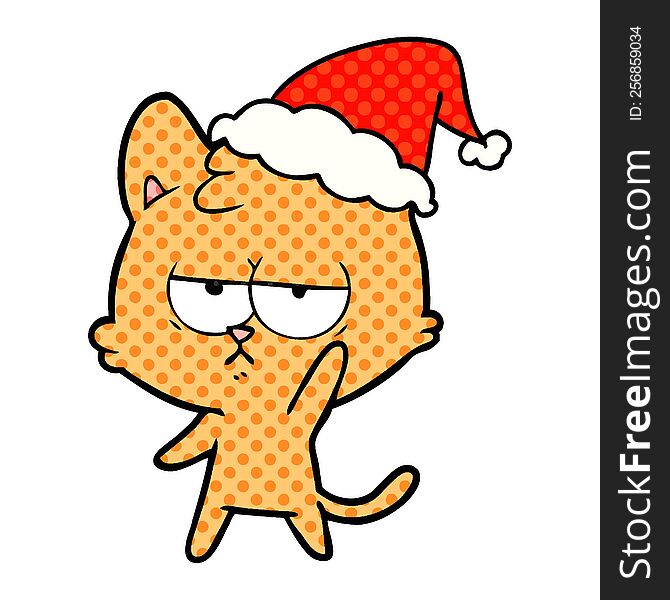 bored hand drawn comic book style illustration of a cat wearing santa hat. bored hand drawn comic book style illustration of a cat wearing santa hat