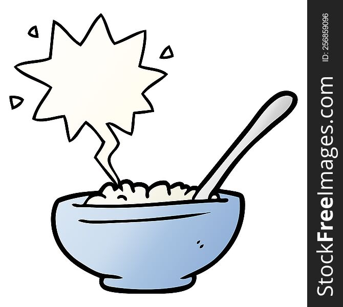 cartoon bowl of rice with speech bubble in smooth gradient style
