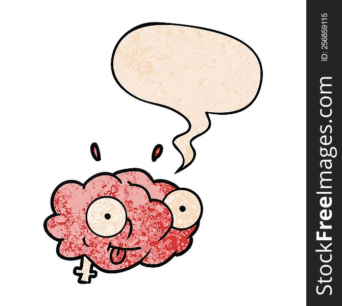 funny cartoon brain with speech bubble in retro texture style