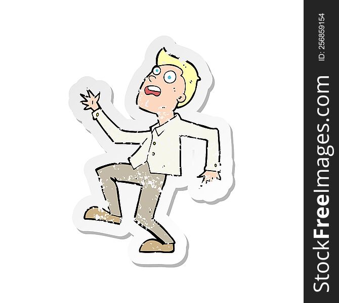 Retro Distressed Sticker Of A Cartoon Man Panicking