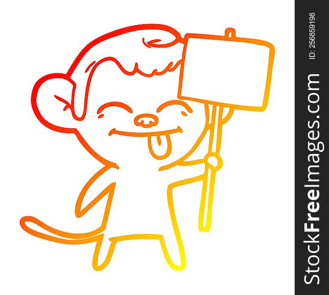 Warm Gradient Line Drawing Funny Cartoon Monkey With Placard