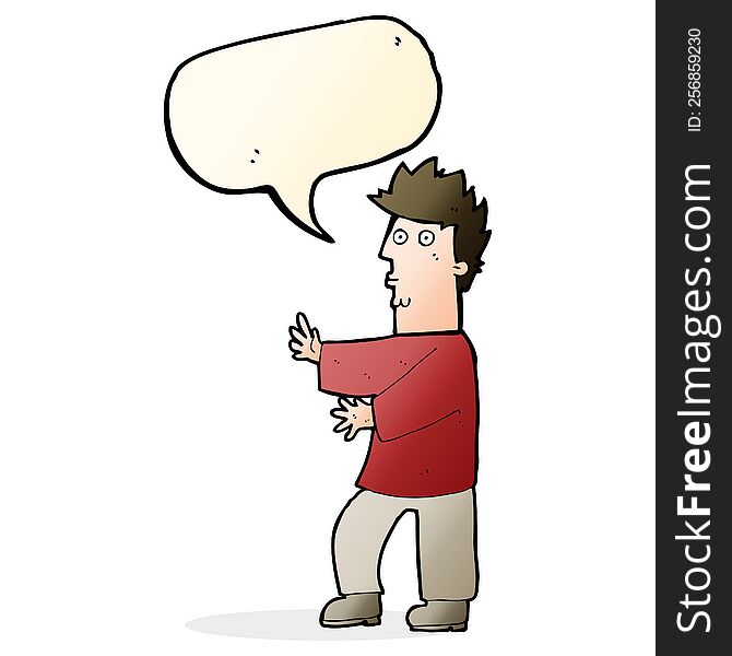 Cartoon Nervous Man Waving With Speech Bubble