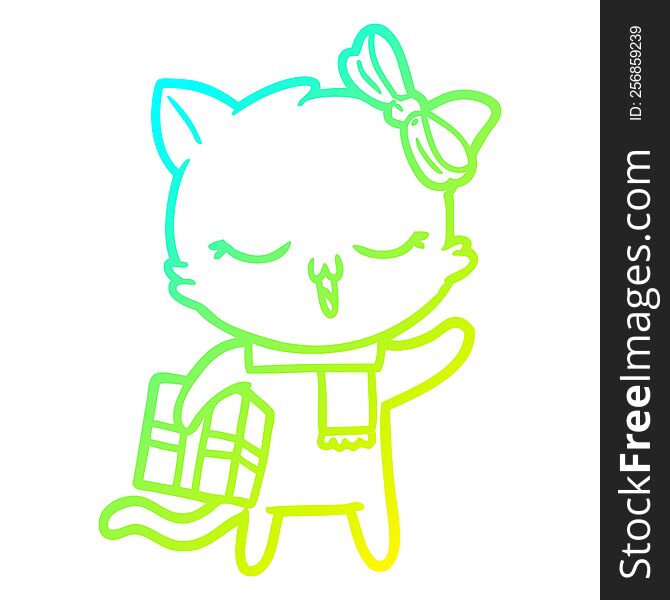 Cold Gradient Line Drawing Cartoon Girl Cat With Christmas Present