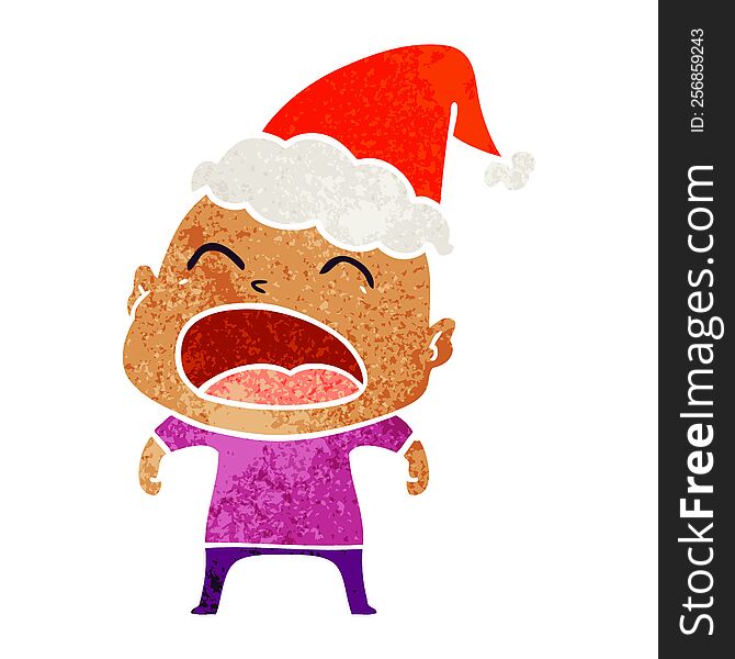 Retro Cartoon Of A Shouting Bald Man Wearing Santa Hat