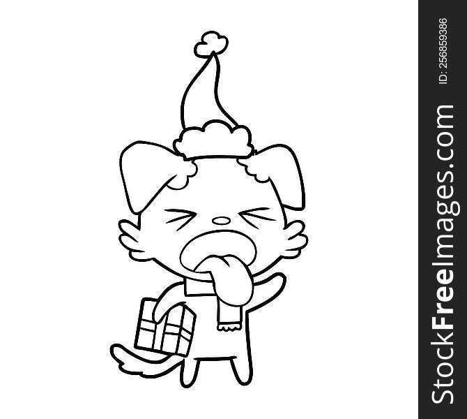 hand drawn line drawing of a disgusted dog with christmas gift wearing santa hat