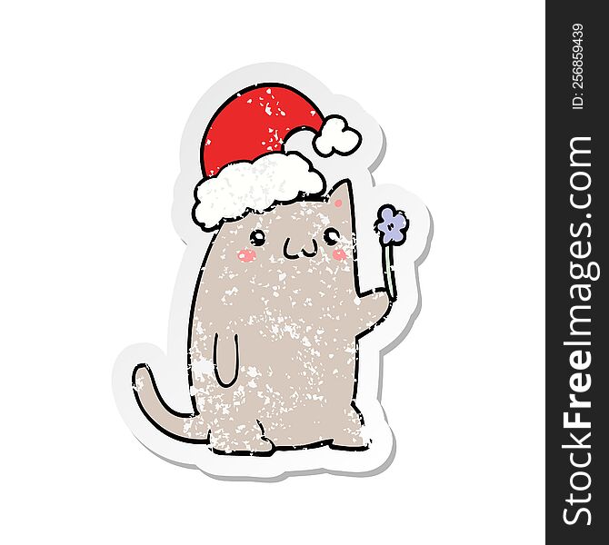 Distressed Sticker Of A Cute Cartoon Christmas Cat