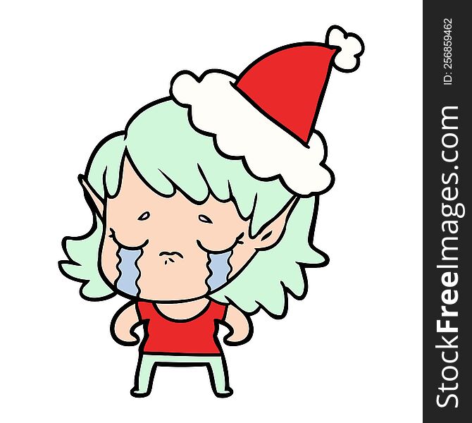 hand drawn line drawing of a crying elf girl wearing santa hat