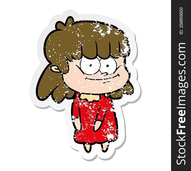 distressed sticker of a cartoon smiling woman