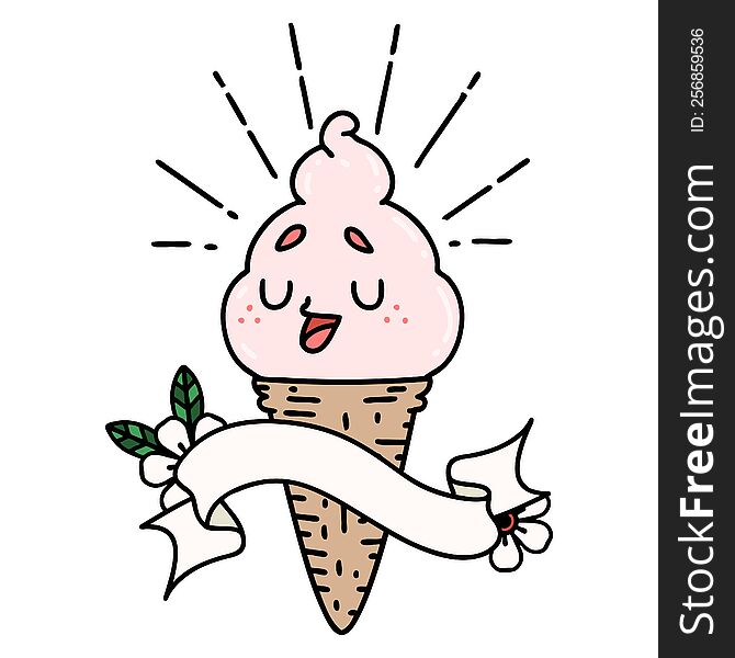 Banner With Tattoo Style Ice Cream Character