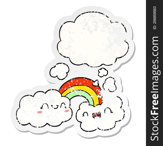 happy cartoon clouds and rainbow with thought bubble as a distressed worn sticker