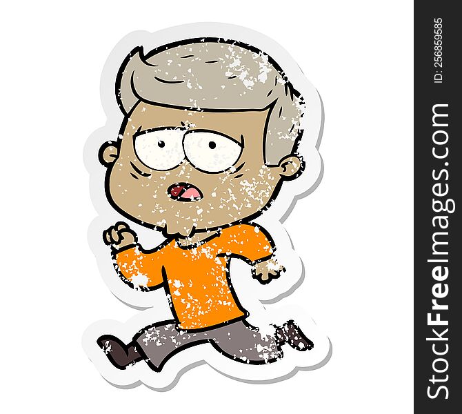 Distressed Sticker Of A Cartoon Tired Man