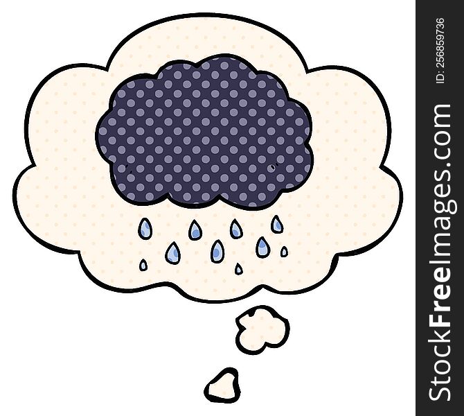 cartoon cloud raining with thought bubble in comic book style