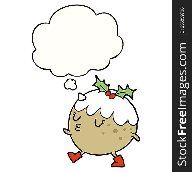 cartoon chrstmas pudding walking with thought bubble