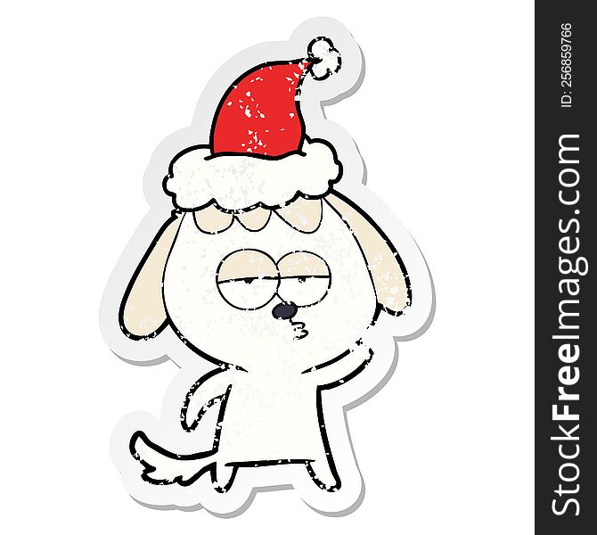 hand drawn distressed sticker cartoon of a bored dog wearing santa hat