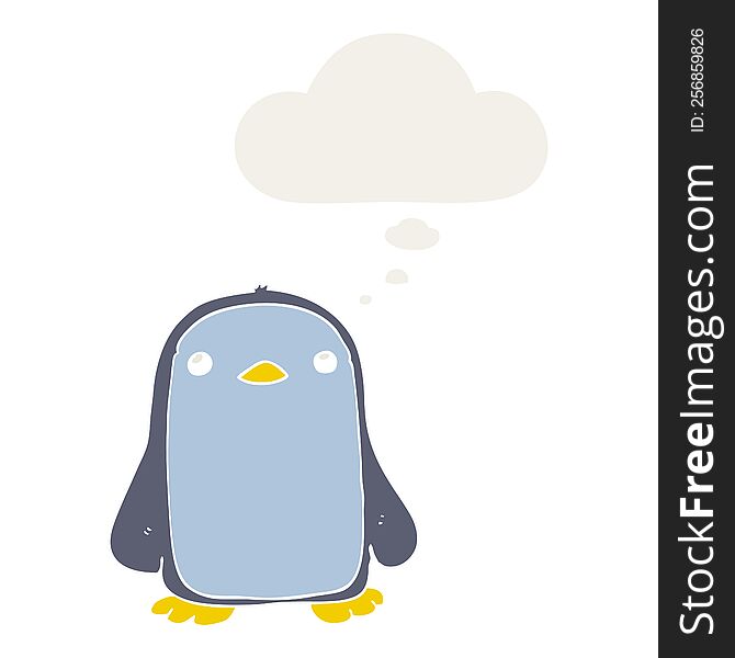 cute cartoon penguin with thought bubble in retro style