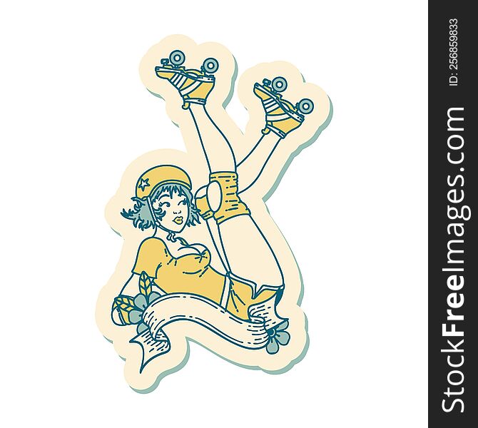 tattoo style sticker of a pinup roller derby girl with banner