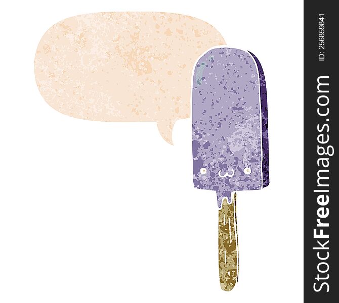 cartoon ice lolly with speech bubble in grunge distressed retro textured style. cartoon ice lolly with speech bubble in grunge distressed retro textured style