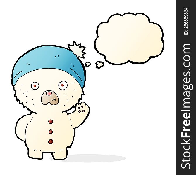 cartoon waving polar teddy bear in winter hat with thought bubble