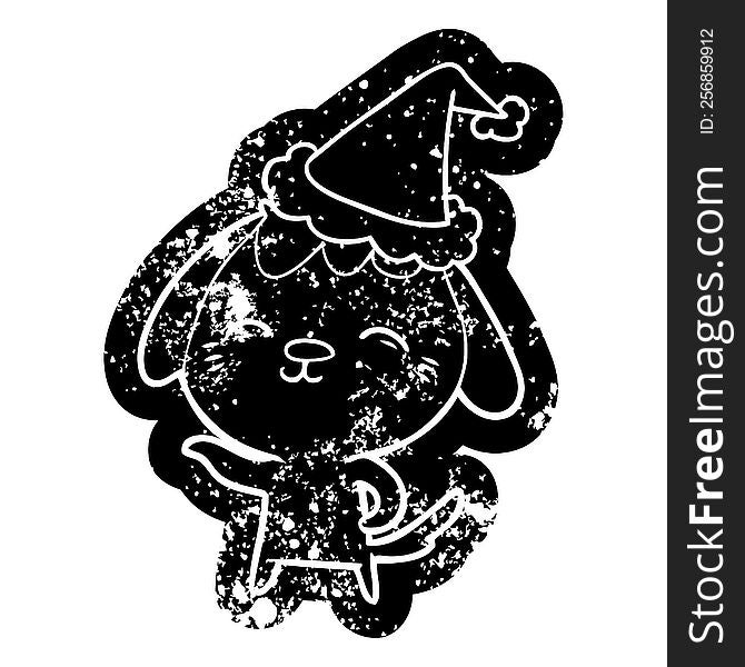Happy Cartoon Distressed Icon Of A Dog Wearing Santa Hat